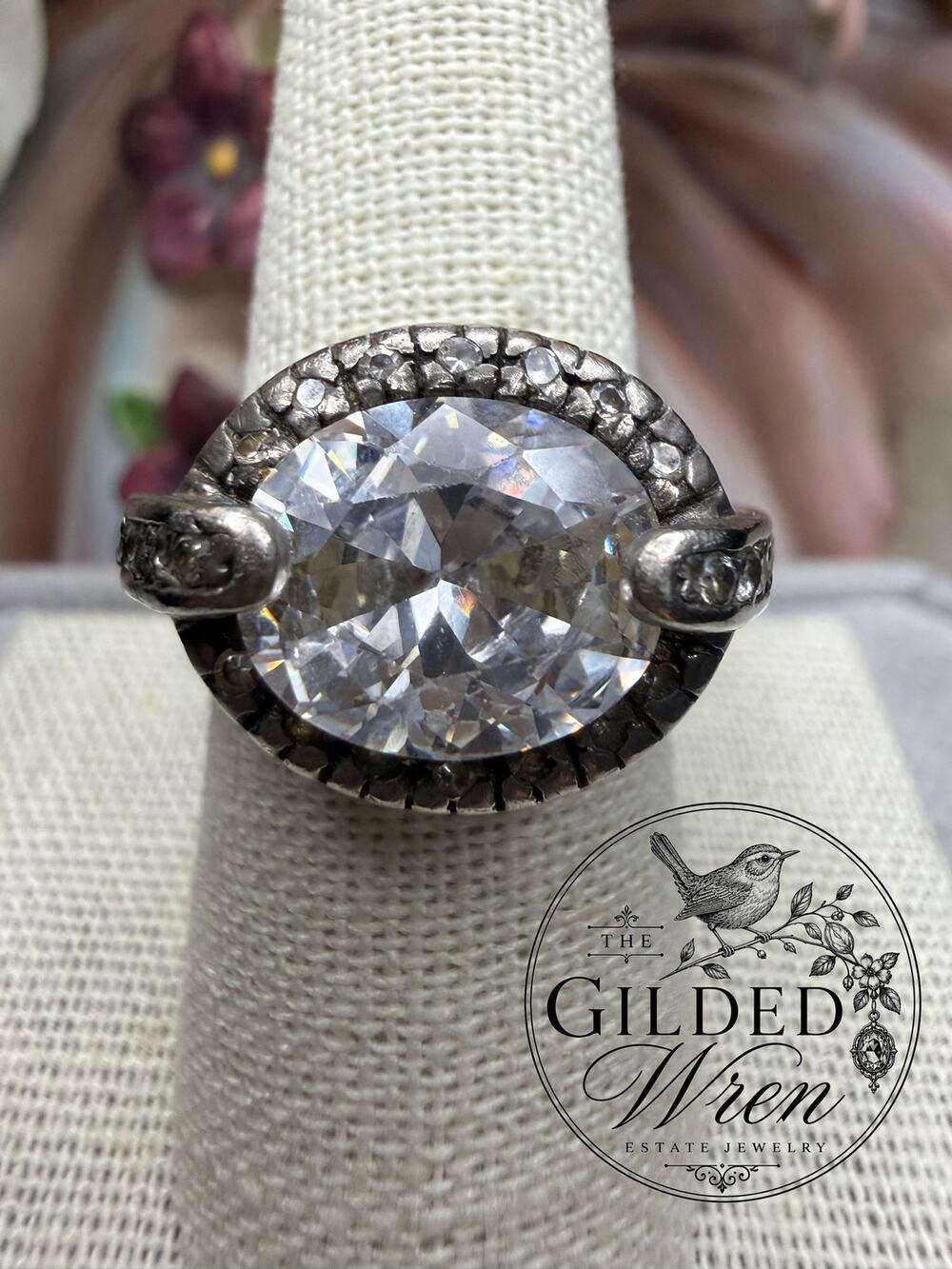 RP Sterling Silver Glass Halo Cocktail Ring Size 9 Oxidized Statement 8.16g